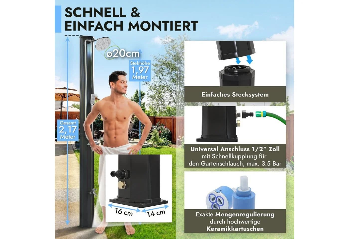 dirks-traumbad Gartendusche Solar 35l Schwarz mit Handbrause & Fußdusche - Bild 4