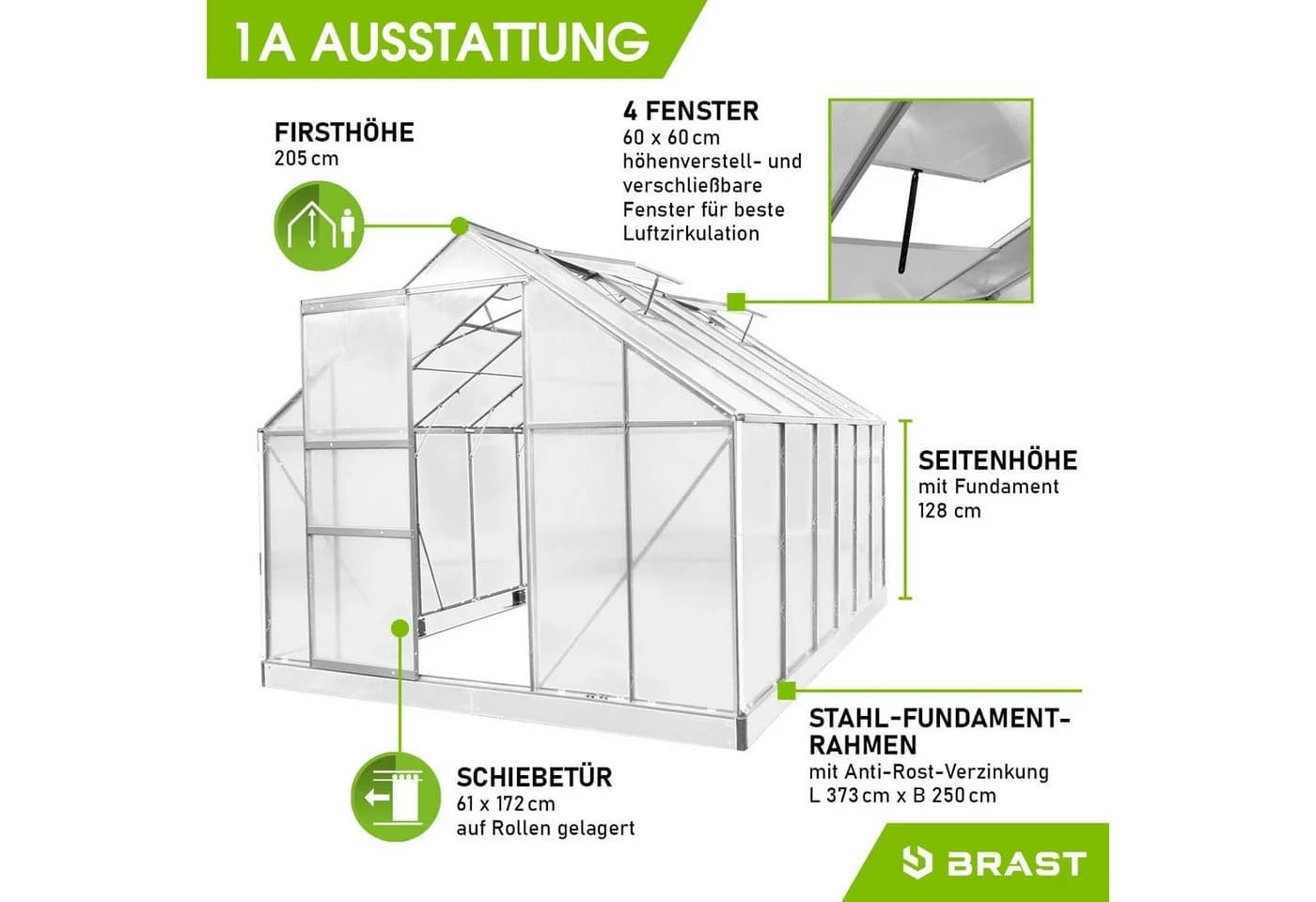 BRAST Gewächshaus Aluminium 380x250x205cm TÜV-geprüft - Bild 3
