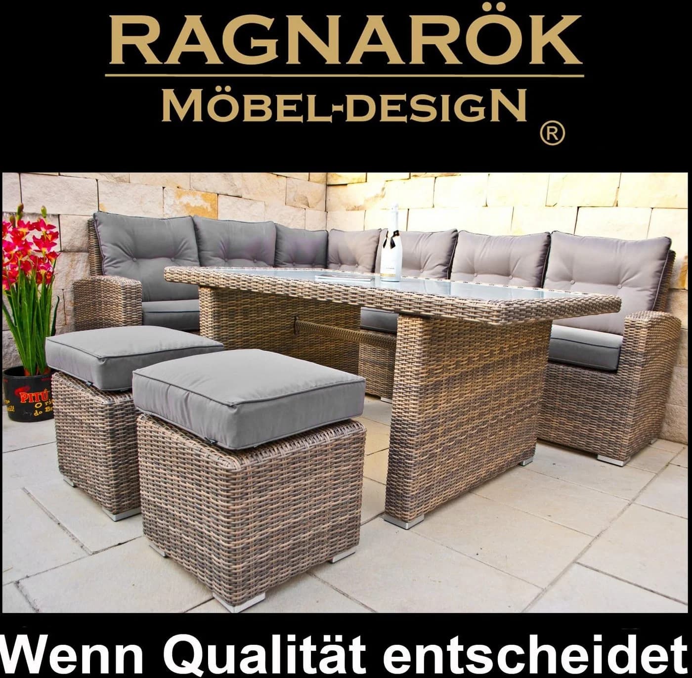 Ragnarök Gartenlounge-Set Wieland L mit ESG-Glas und Polyrattan