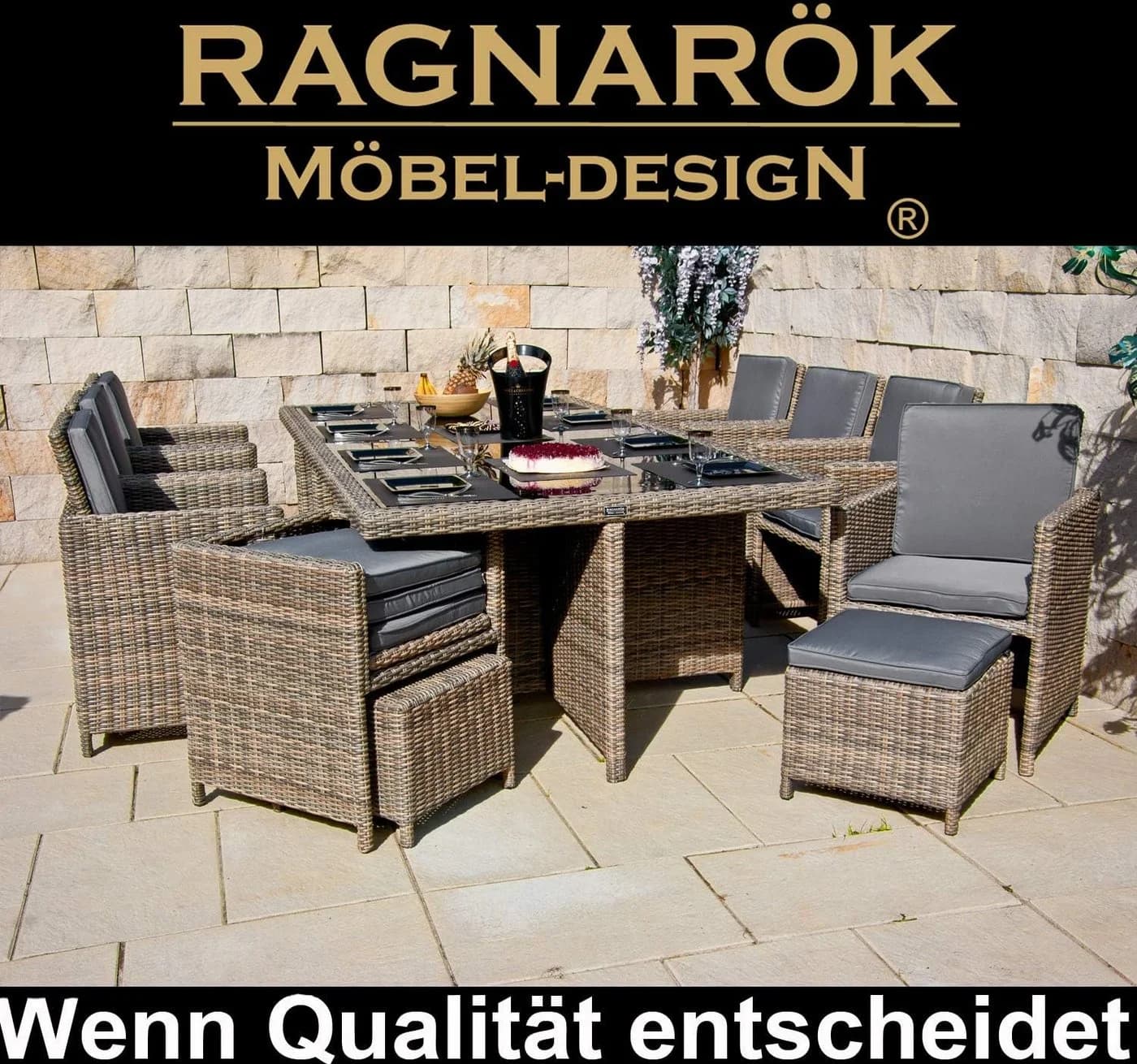Ragnarök Möbel-Design Garten-Essgruppe Heimdall Esstisch Set 8+4, Polyrattan, Alu, Umklappbare Rückenlehnen