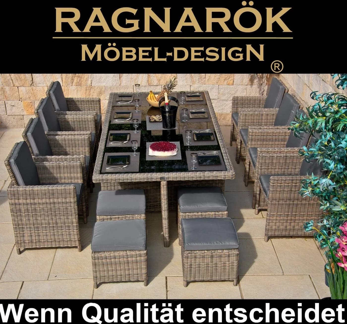 Ragnarök Möbel-Design Garten-Essgruppe Heimdall Esstisch Set 8+4, Polyrattan, Alu, Umklappbare Rückenlehnen - Bild 5