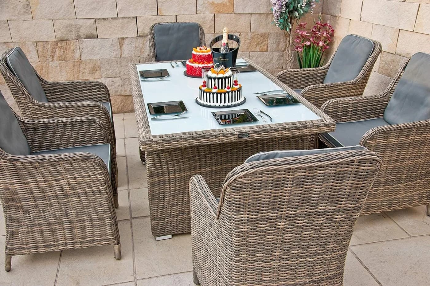 Ragnarök Garten-Essgruppe 7-tlg. Beige Polyrattan Alu