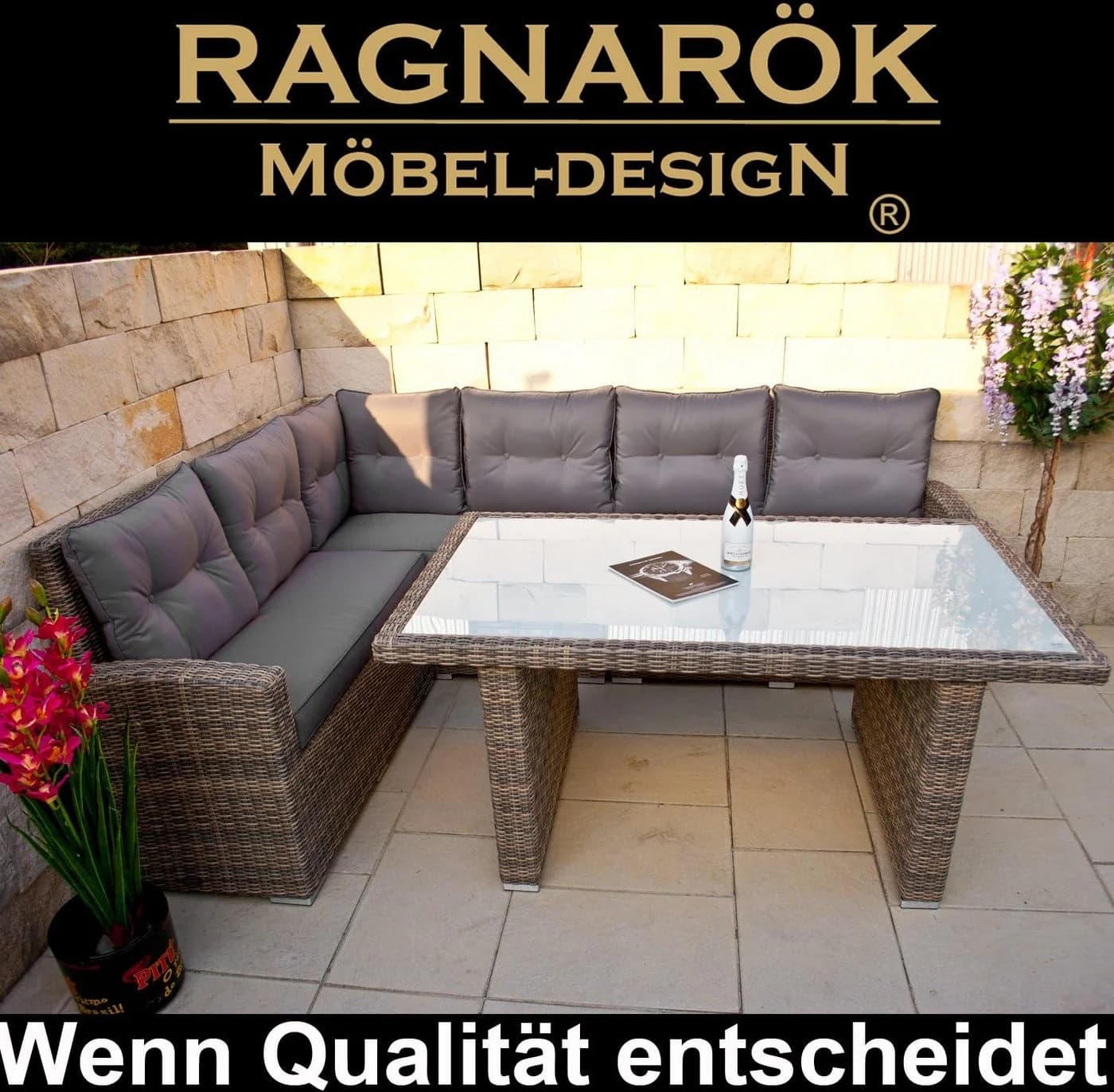 Ragnarök Gartenlounge-Set Wieland M mit Glasplatte und Stauraum