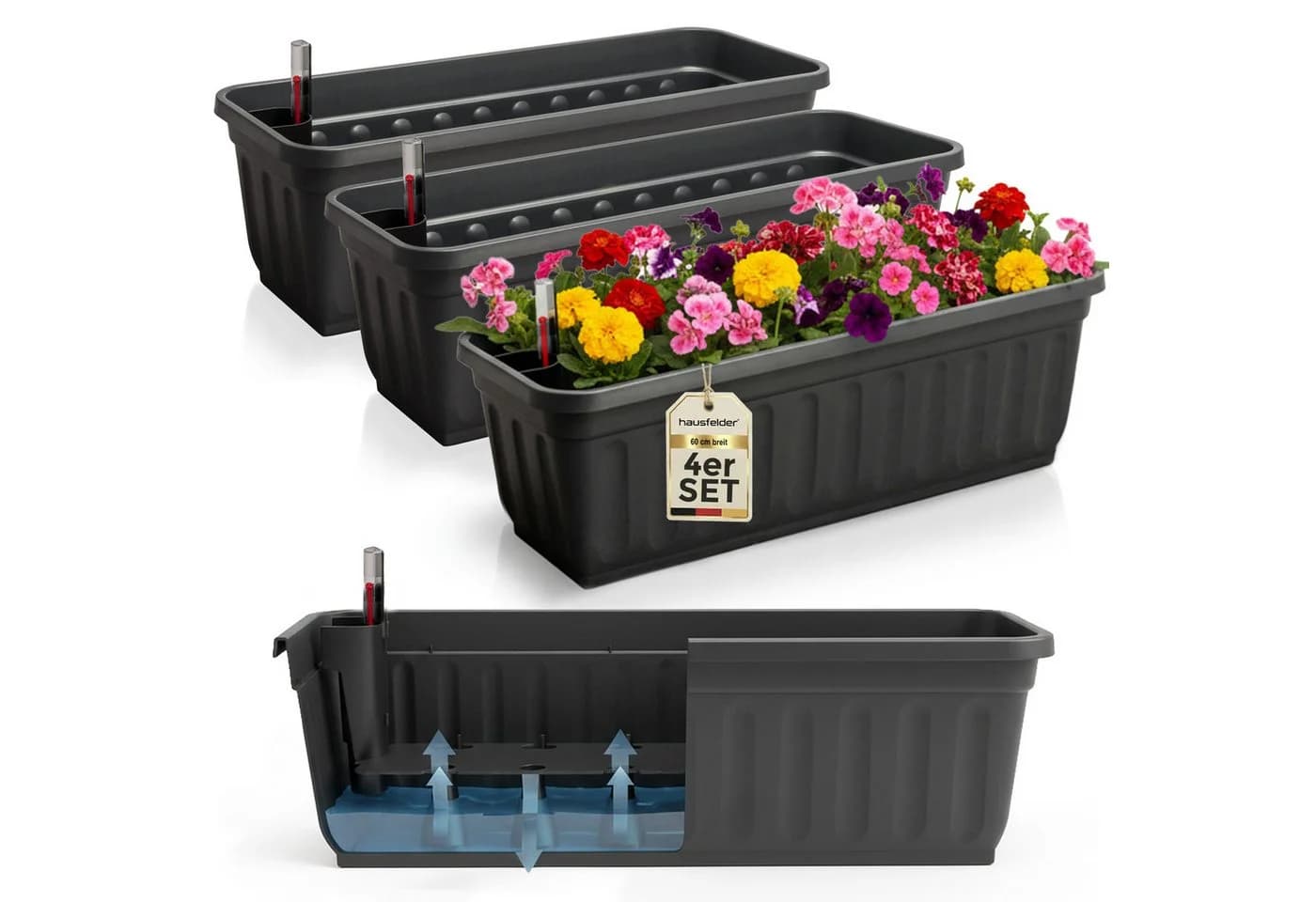 Hausfelder Blumenkasten 4er Set 60cm Anthrazit mit Wasserstandsanzeiger - Bild 2