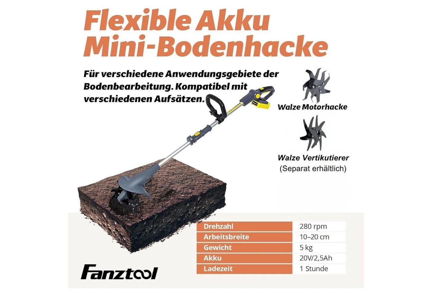 Fanztool Akku-Motorhacke 20V mit 2.5Ah Akku & Schnellladegerät - Bild 3