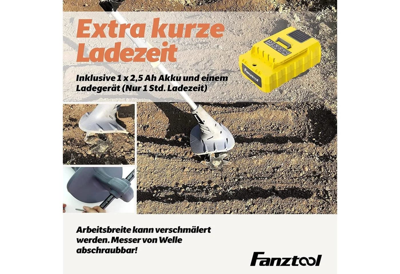 Fanztool Akku-Motorhacke 20V mit 2.5Ah Akku & Schnellladegerät - Bild 4
