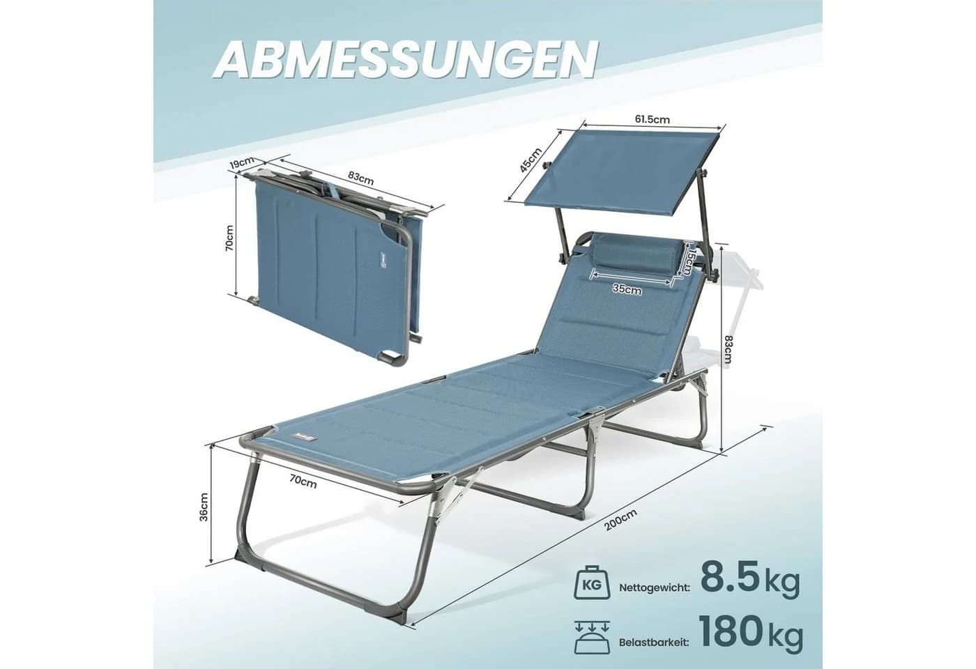 HOMECALL Gartenliege Blau Klappbar Verstellbar Textilene - Bild 5