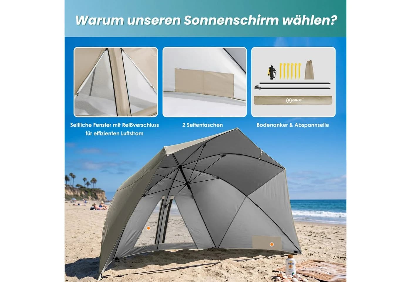 HOMECALL Strandmuschel UV-resistentes 50+ für 2-3 Personen Khaki - Bild 5