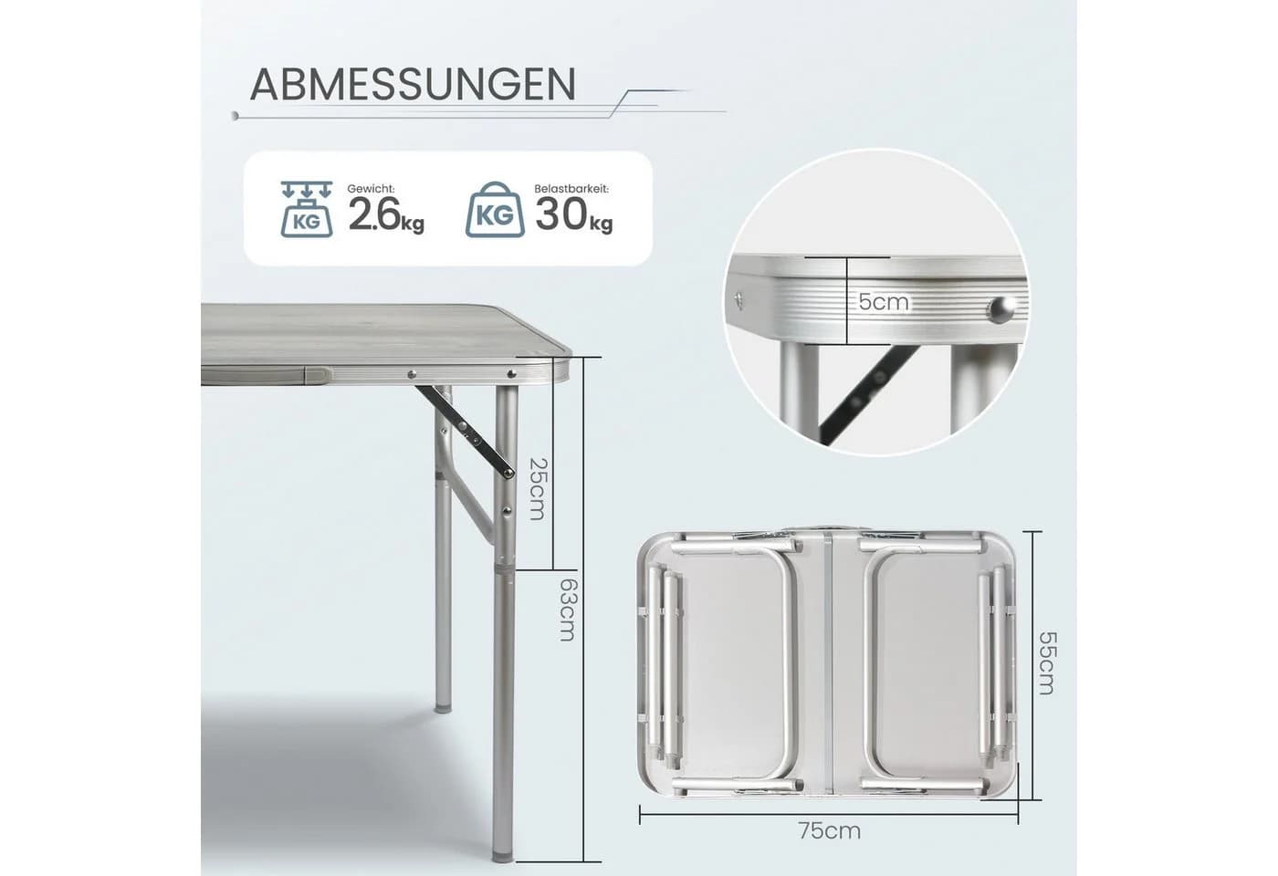 HOMECALL Campingtisch Klapptisch Aluminium Silber Höhenverstellbar