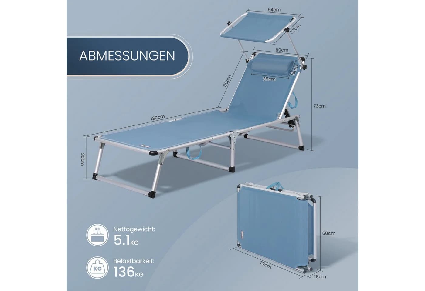 HOMECALL Sonnenliege Blau Klappbar Alu mit Sonnenschutzdach - Bild 4