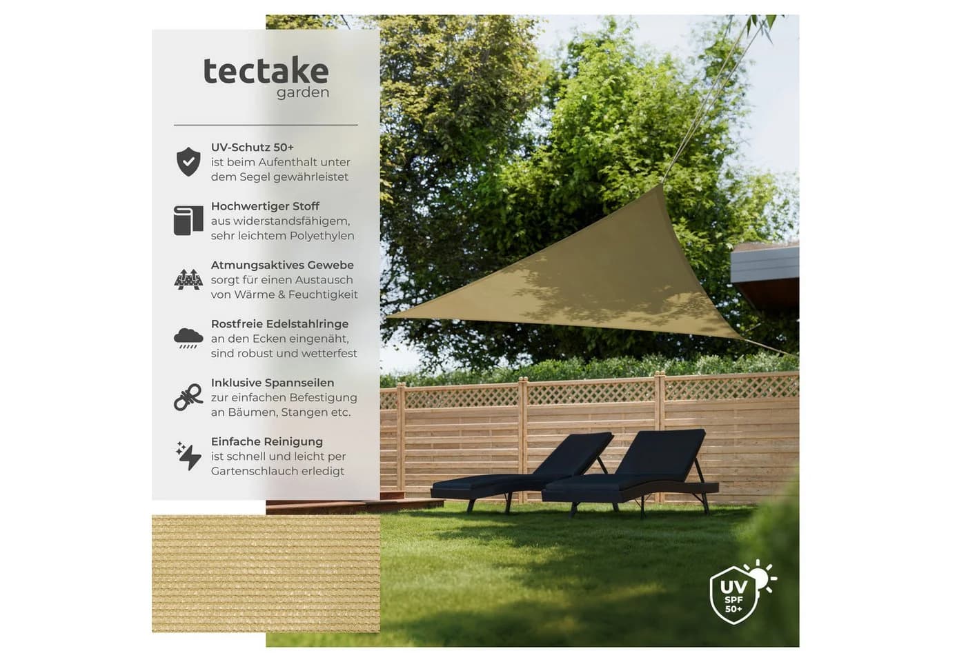 TECTAKE Sonnensegel Dreieckig Beige UV-Schutz 50+