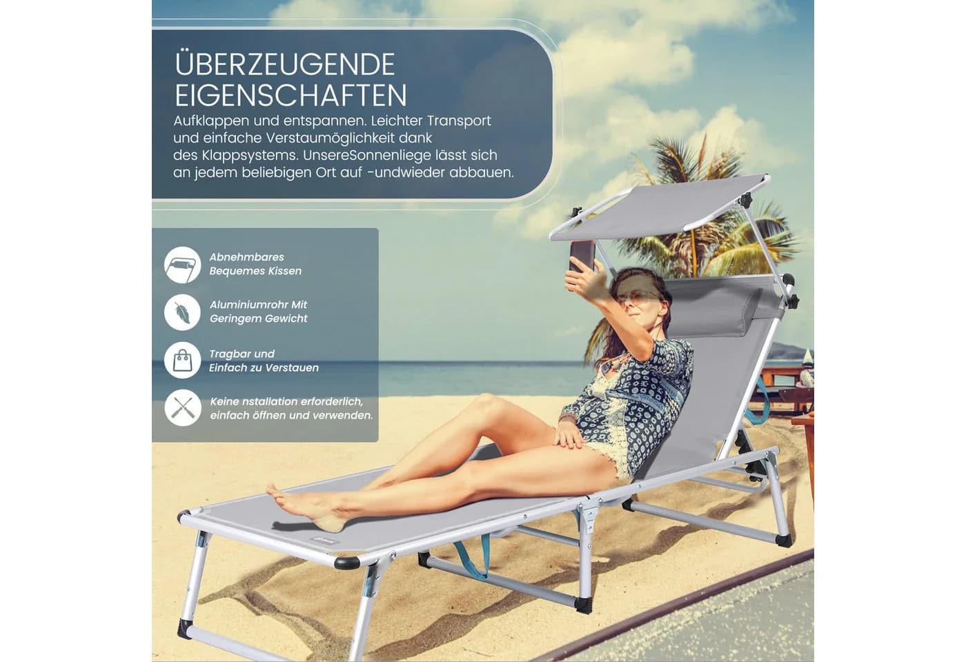 HOMECALL Gartenliege Leicht Alu Klappbar mit Sonnenschutzdach - Bild 2