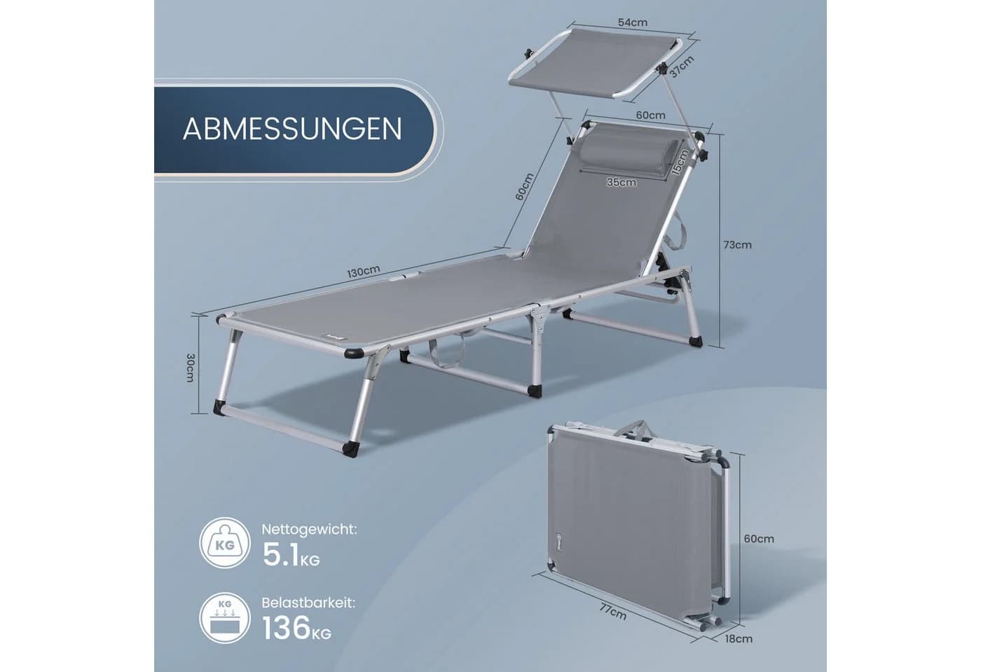 HOMECALL Gartenliege Leicht Alu Klappbar mit Sonnenschutzdach - Bild 4