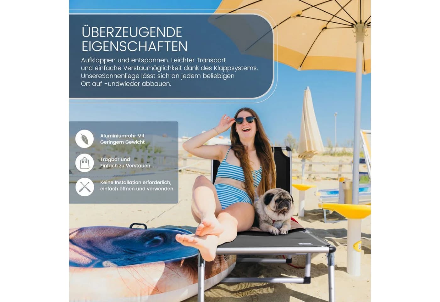 HOMECALL Gartenliege Leicht Schwarz 5-fach Verstellbar Klappbar - Bild 2