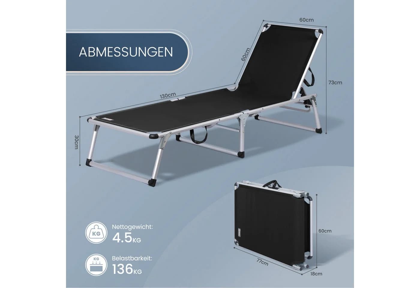 HOMECALL Gartenliege Leicht Schwarz 5-fach Verstellbar Klappbar - Bild 4