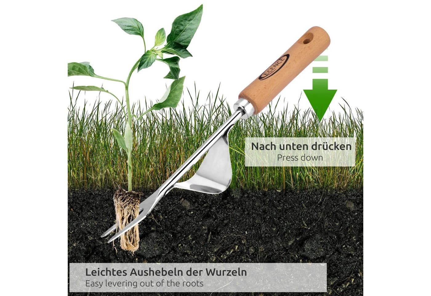 ECENCE Unkrautstecher Edelstahl mit Holzgriff