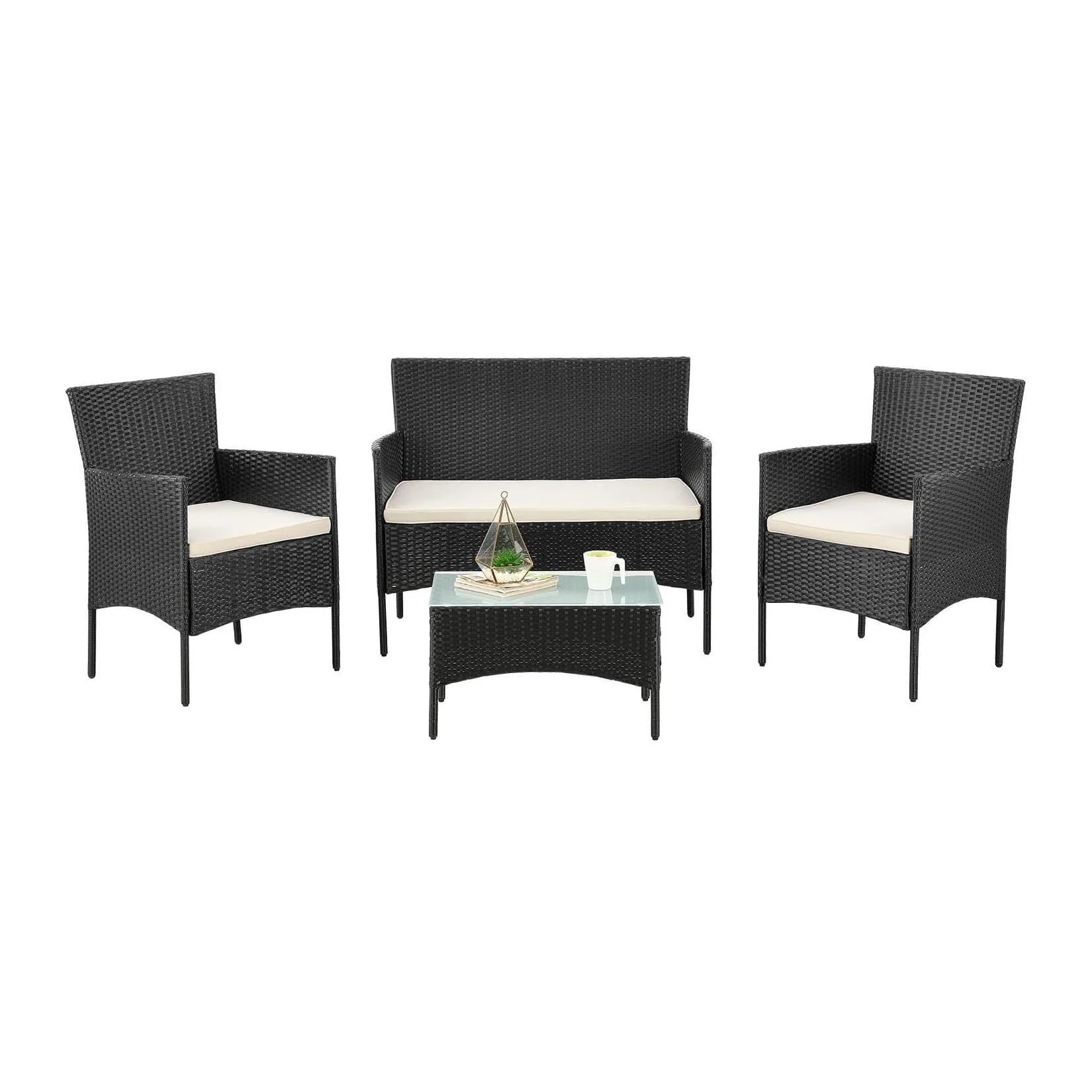 Juskys Gartenlounge-Set Fort Myers Schwarz Creme 4-tlg. Polyrattan