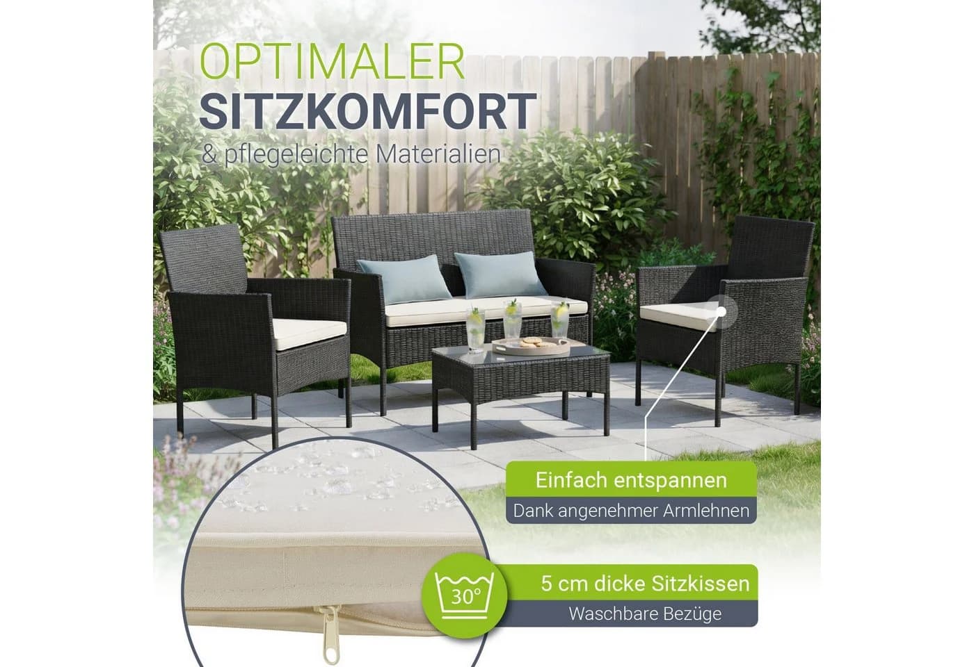 Juskys Gartenlounge-Set Fort Myers Schwarz Creme 4-tlg. Polyrattan - Bild 2
