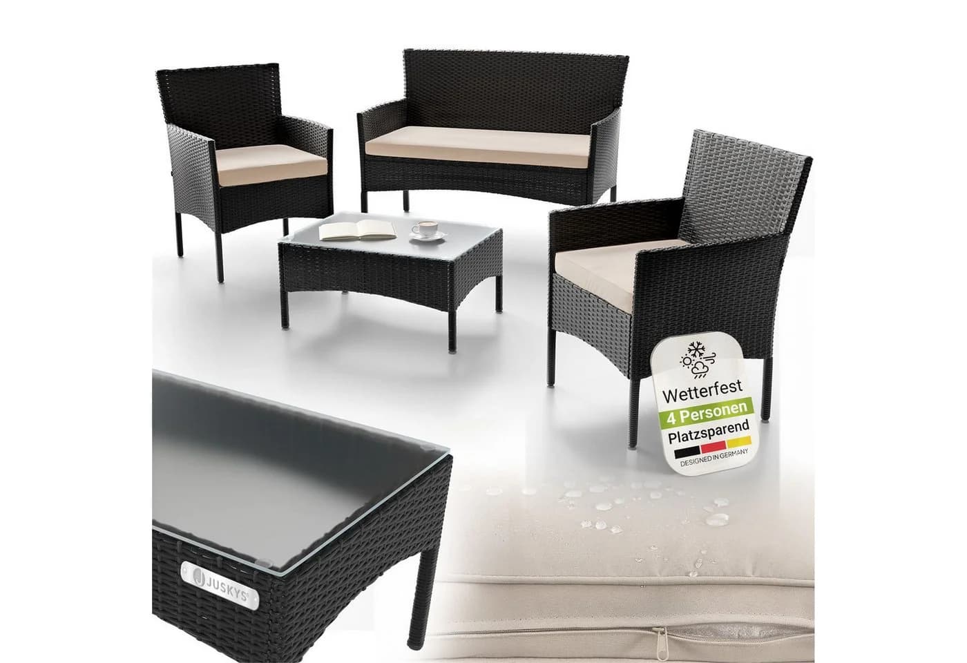 Juskys Gartenlounge-Set Fort Myers Schwarz Creme 4-tlg. Polyrattan - Bild 3