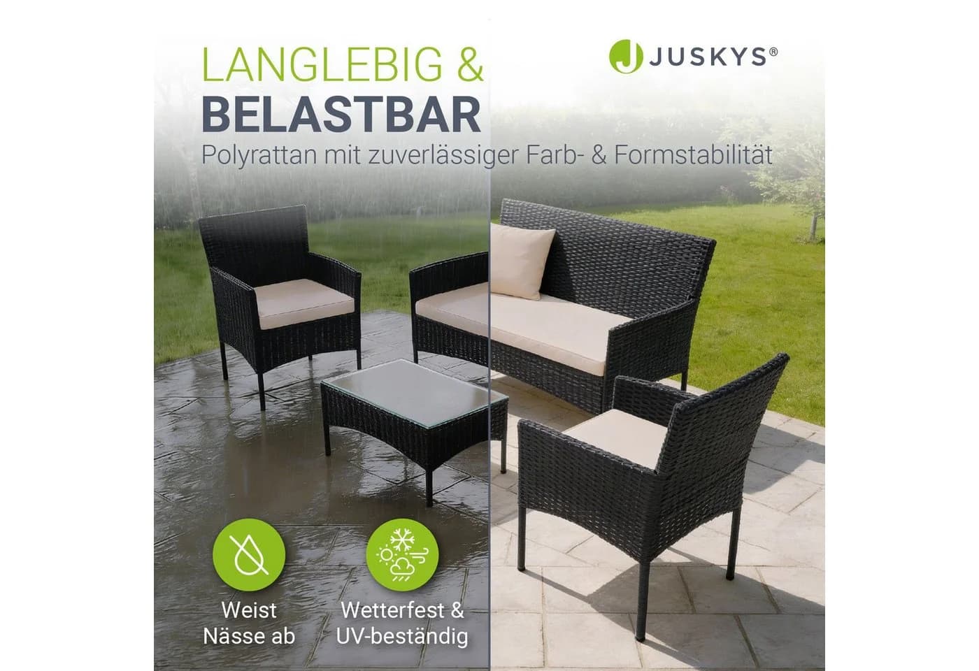 Juskys Gartenlounge-Set Fort Myers Schwarz Creme 4-tlg. Polyrattan - Bild 4