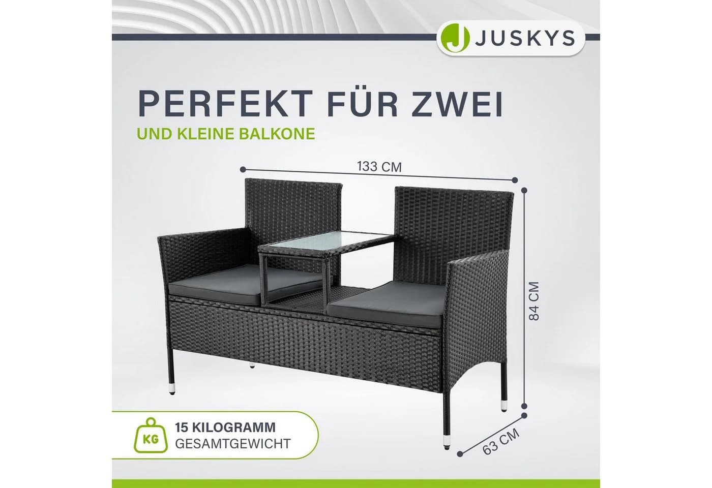 Juskys Balkonset Monaco Schwarz Polyrattan 2-Sitzer mit Tisch & Kissen - Bild 4