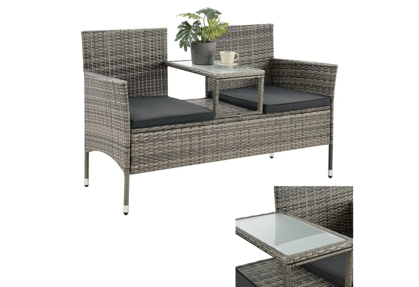 Juskys Balkonset Monaco 2-Sitzer Polyrattan Braun/Grau mit Tisch - Bild 3