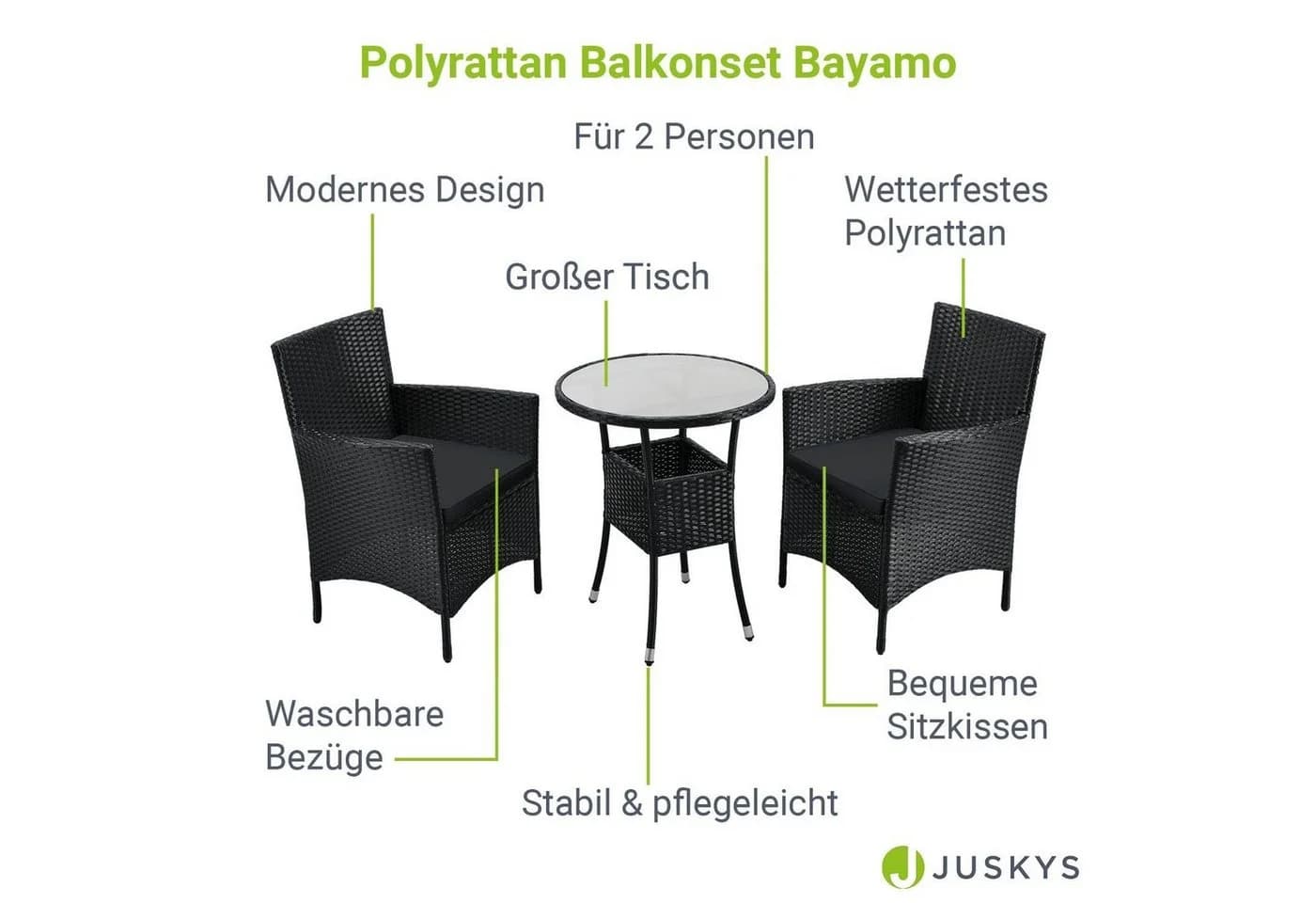 Juskys Polyrattan Balkonset Bayamo 3-teilig Schwarz/Grau mit Kissen - Bild 4