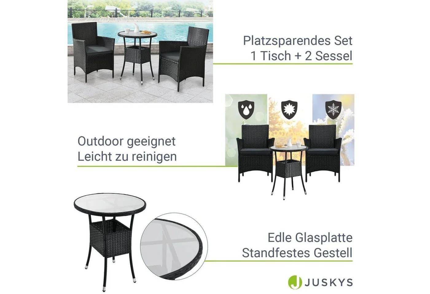 Juskys Polyrattan Balkonset Bayamo 3-teilig Schwarz/Grau mit Kissen - Bild 5