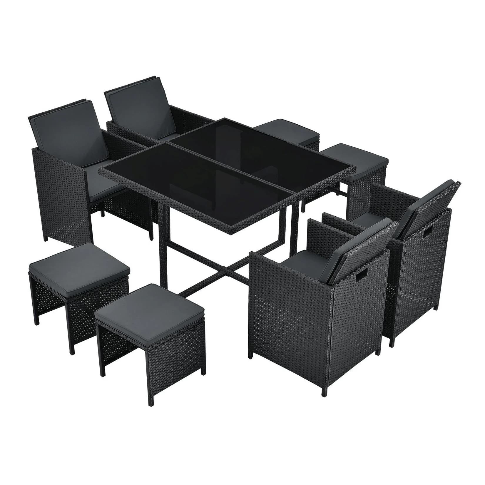 Juskys Garten-Essgruppe Baracoa 9-teilig Schwarz/Grau Polyrattan