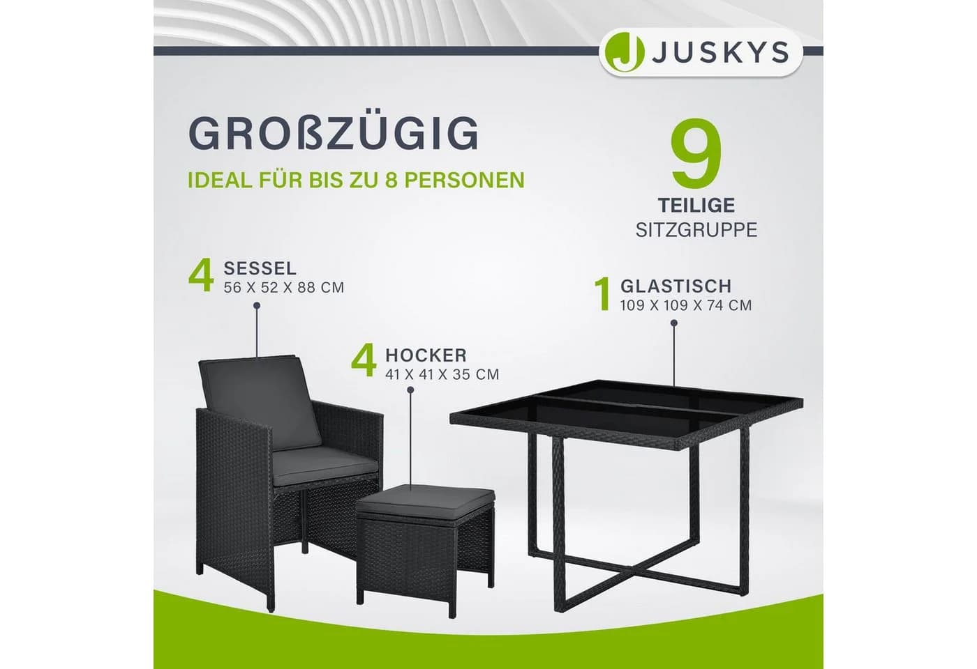 Juskys Garten-Essgruppe Baracoa 9-teilig Schwarz/Grau Polyrattan - Bild 4