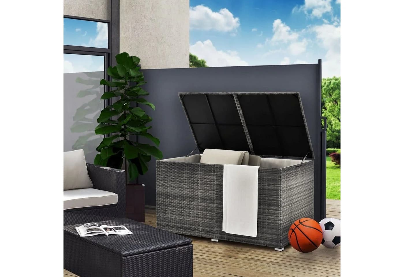 Juskys Auflagenbox Ikaria Grau Polyrattan 950L mit Deckel - Bild 2