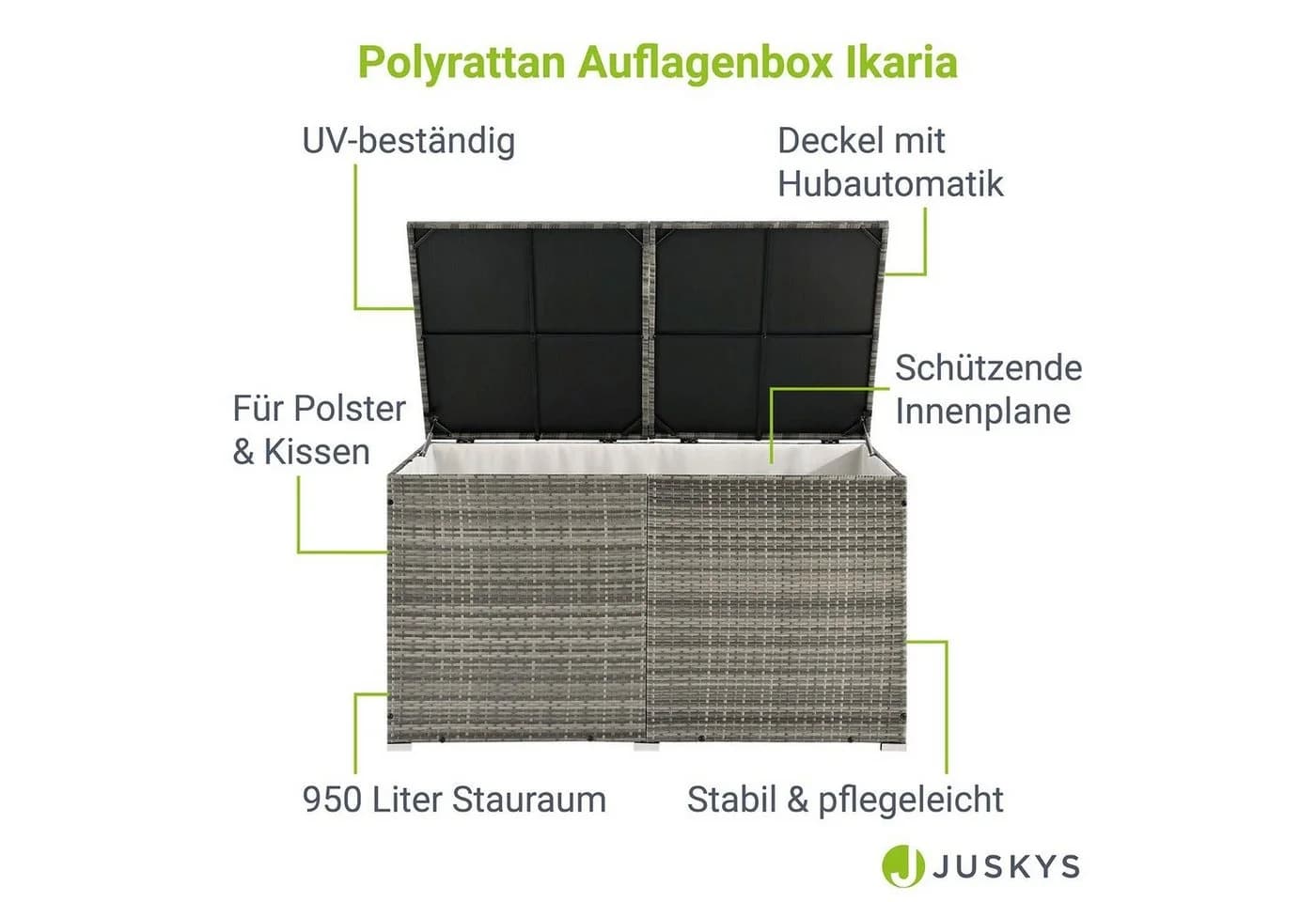 Juskys Auflagenbox Ikaria Grau Polyrattan 950L mit Deckel - Bild 4