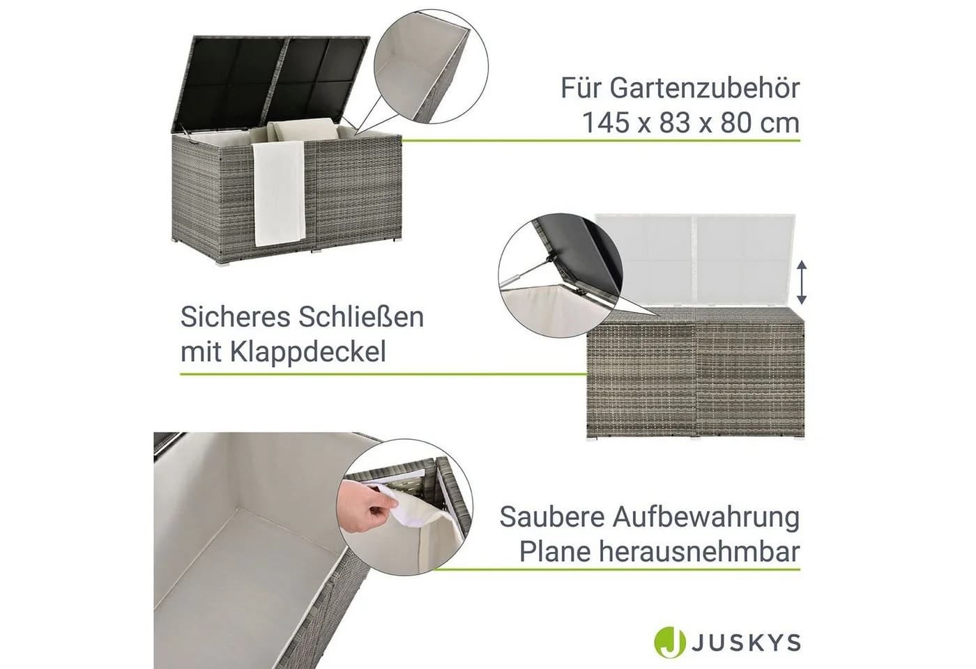 Juskys Auflagenbox Ikaria Grau Polyrattan 950L mit Deckel - Bild 5