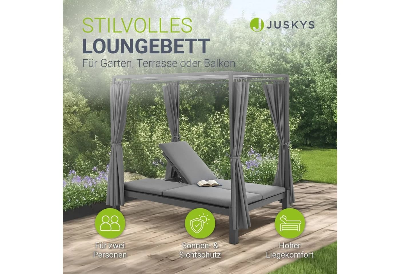 Juskys Doppel Loungebett Kreta Grau mit verstellbarer Lehne und Dach - Bild 2