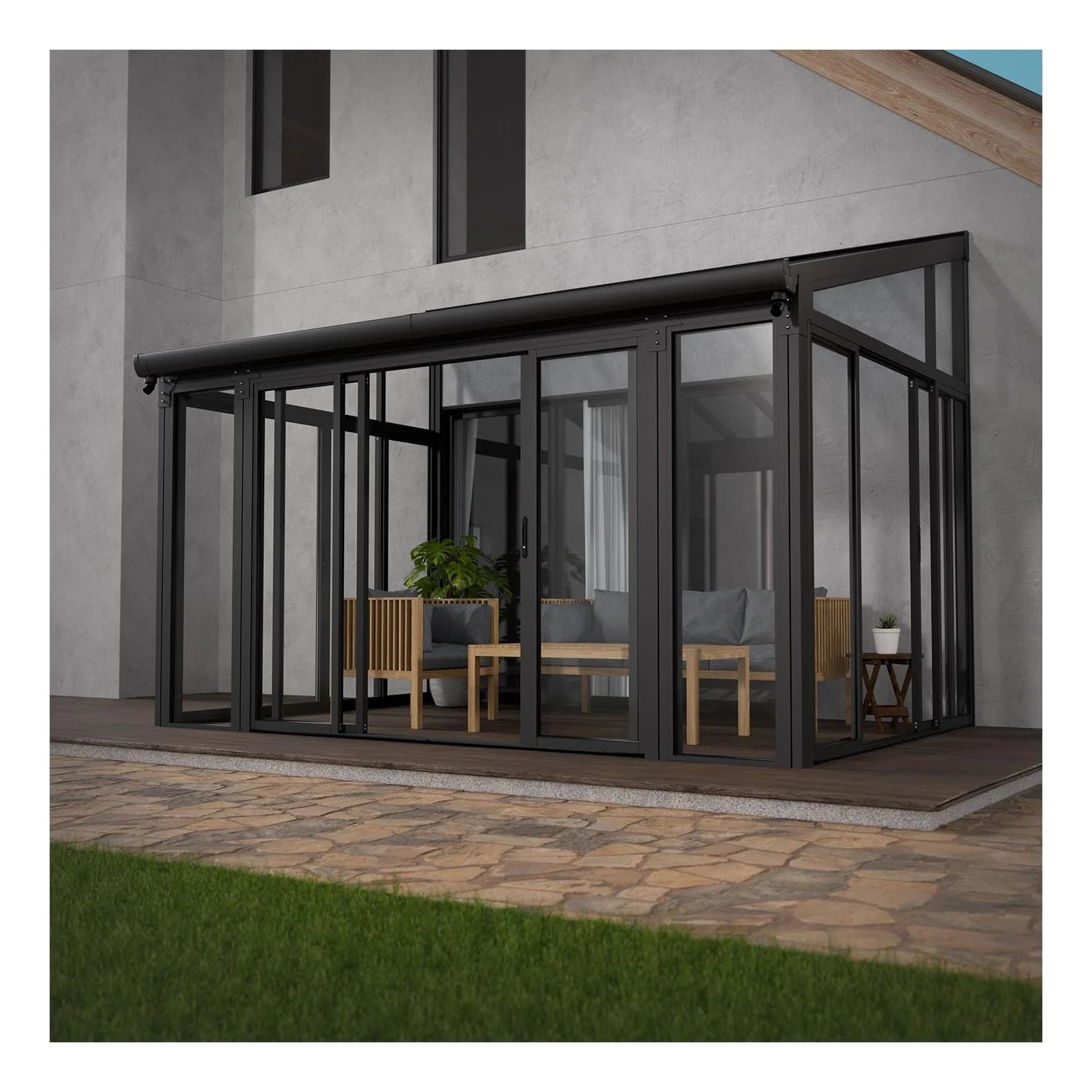 Juskys Wintergarten 12 m² Grau mit Schiebetüren UV-Schutz