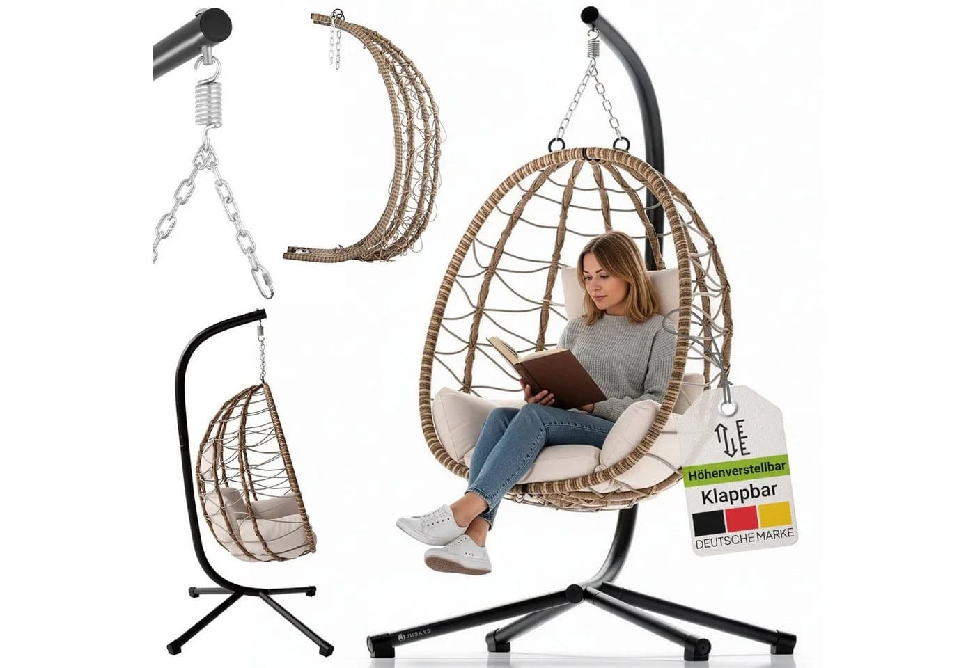 Juskys Korb-Hängesessel Aria Beige Faltbar Höhenverstellbar - Bild 3