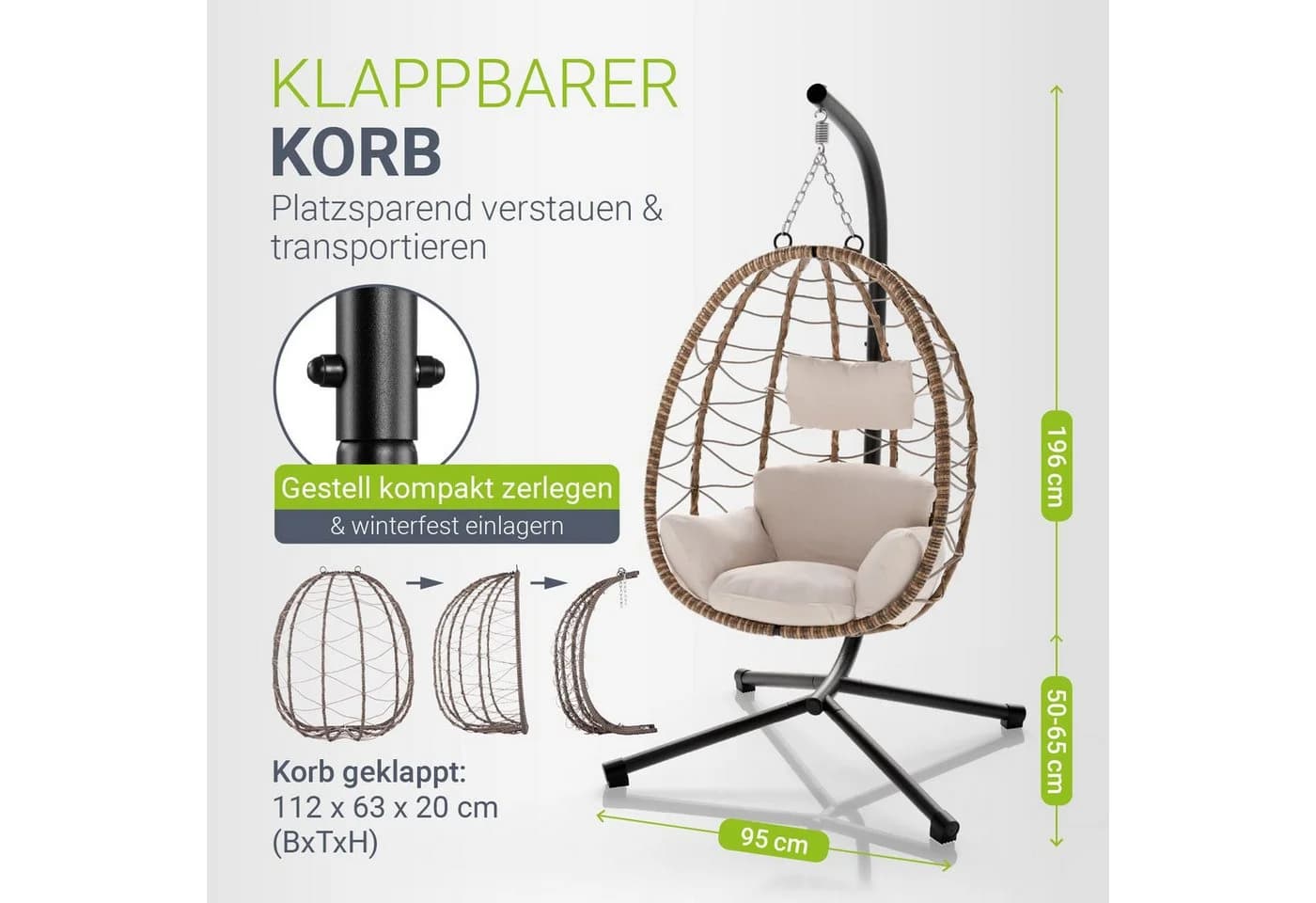 Juskys Korb-Hängesessel Aria Beige Faltbar Höhenverstellbar - Bild 4