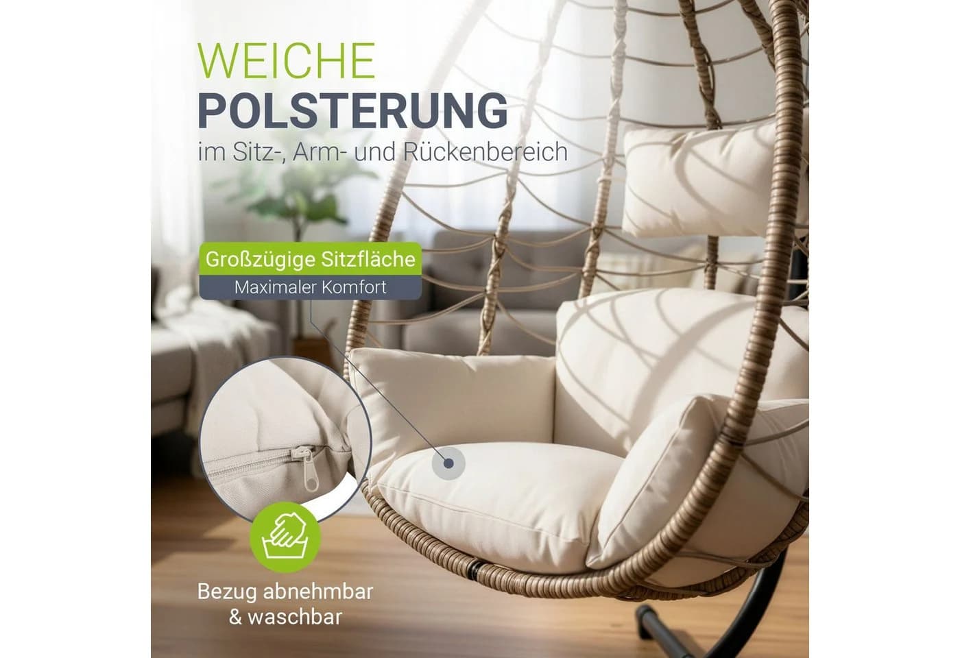 Juskys Korb-Hängesessel Aria Beige Faltbar Höhenverstellbar - Bild 5