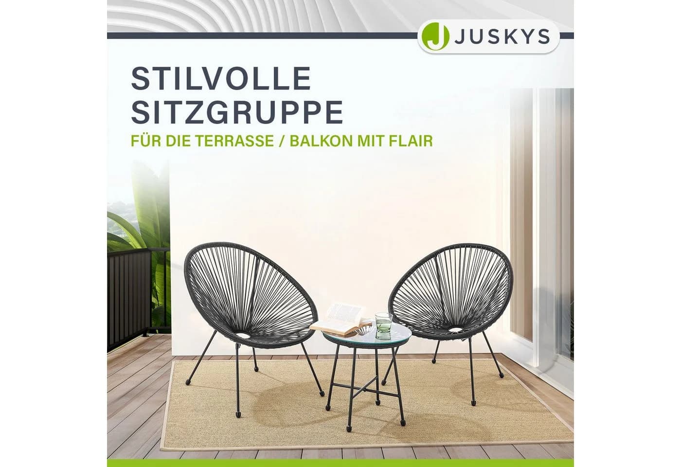 Juskys Balkonmöbel Set Ostana 3-teilig Schwarz mit Tisch & 2 Sesseln - Bild 5