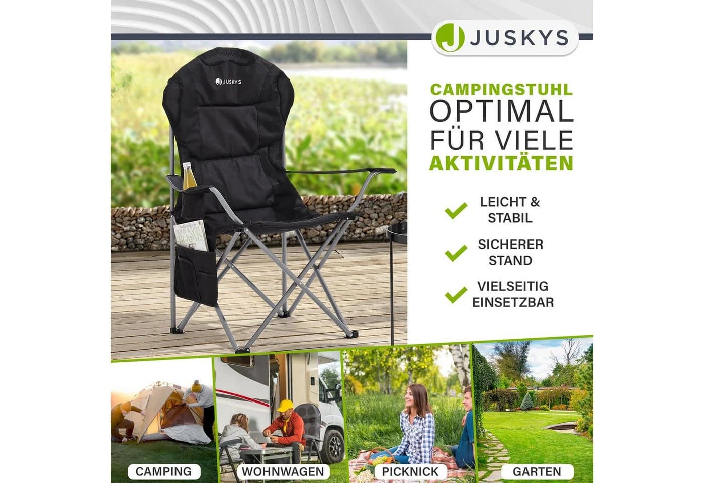 Juskys Campingstuhl Lido Schwarz mit gepolstertem Sitz und Getränkehalter