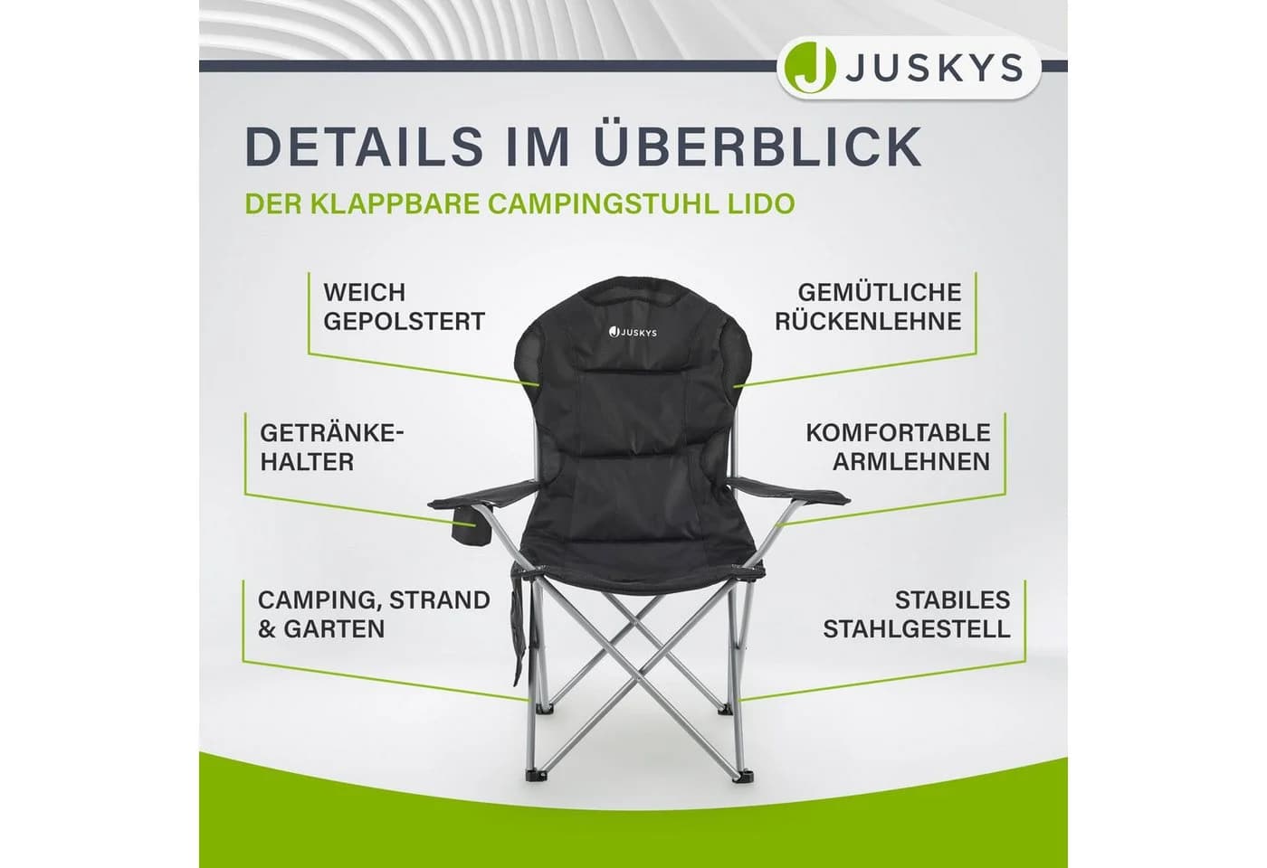Juskys Campingstuhl Lido Schwarz mit gepolstertem Sitz und Getränkehalter - Bild 5