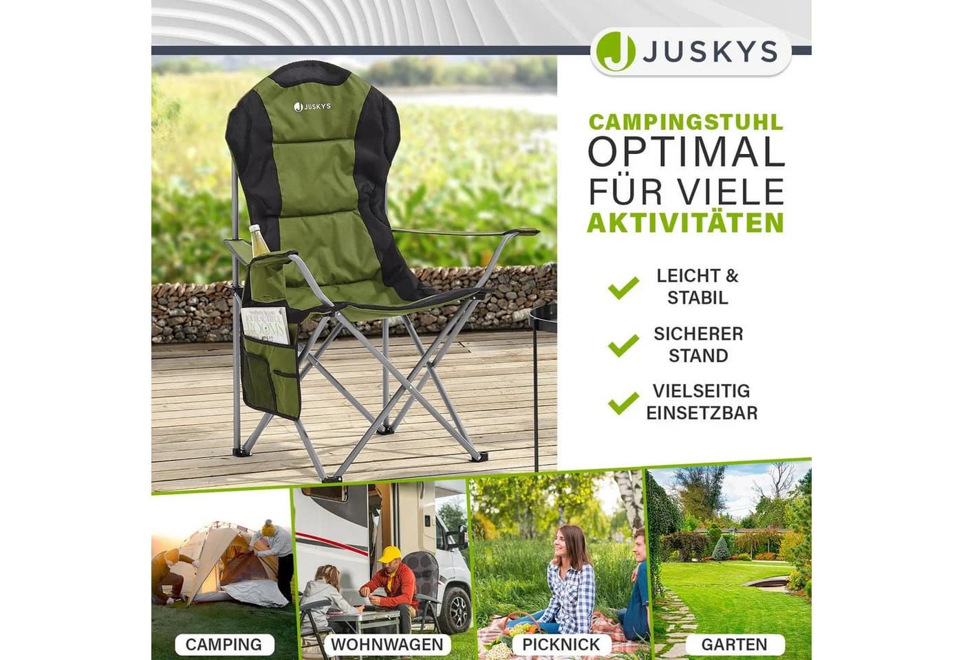 Juskys Campingstuhl Lido Grün - Leicht & Stabil mit Getränkehalter