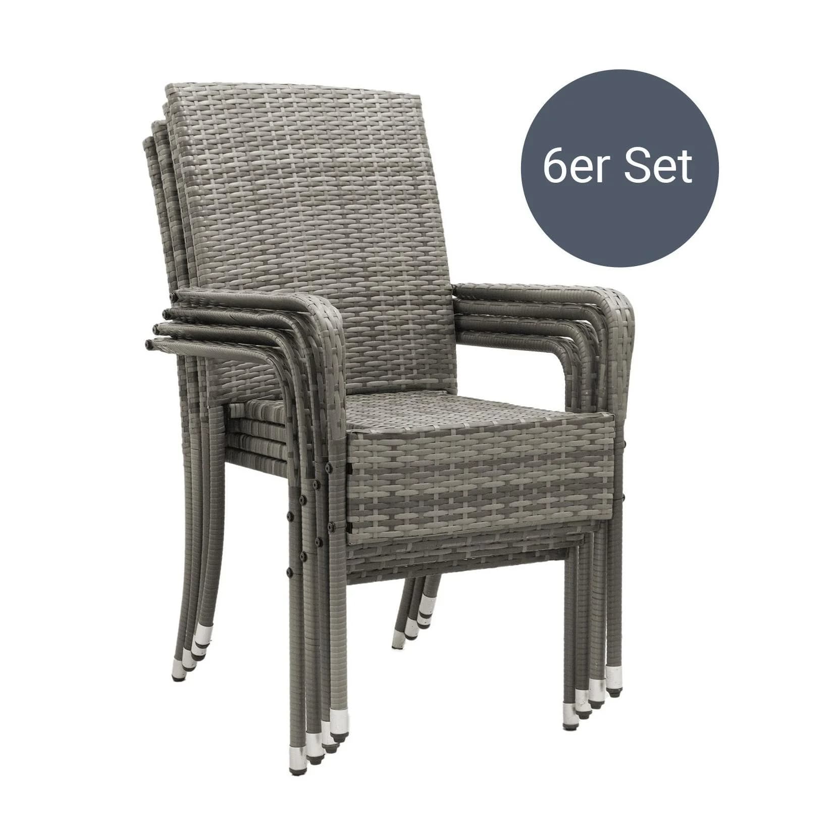 Juskys Gartenstuhl Yoro 6er Set Grau Polyrattan Stapelbar