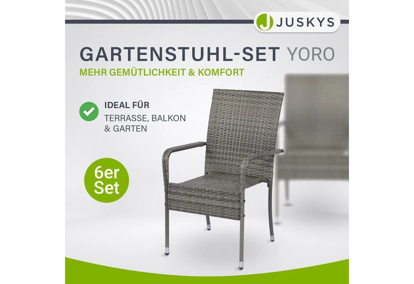 Juskys Gartenstuhl Yoro 6er Set Grau Polyrattan Stapelbar - Bild 2