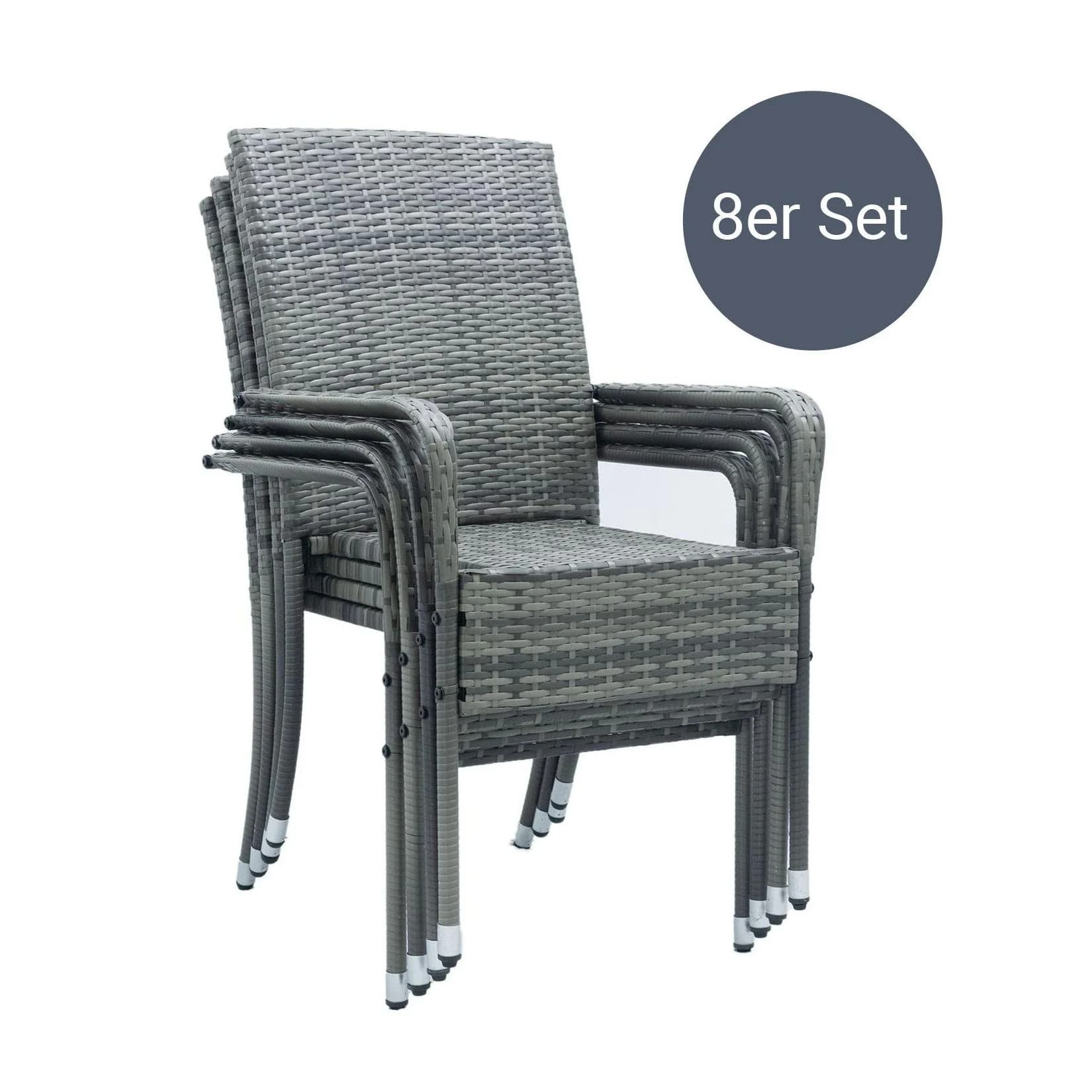 Juskys Gartenstuhl Yoro 8er Set Grau-meliert Polyrattan Stapelbar