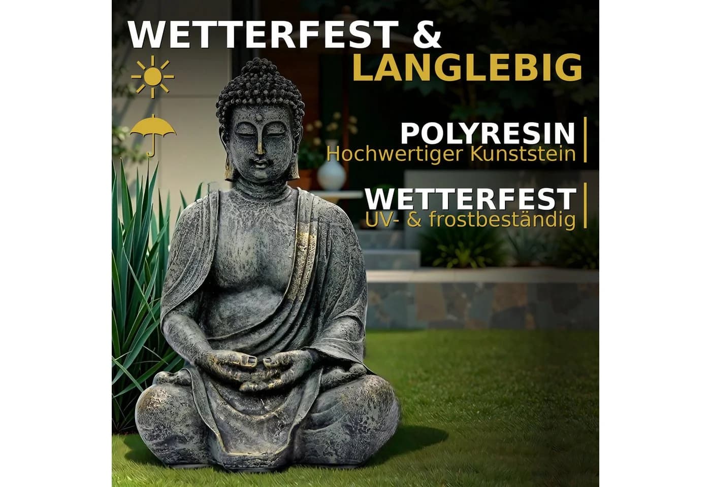 INtrenDU Gartenfigur Buddha Sitzend Grau/Gold Polyresin