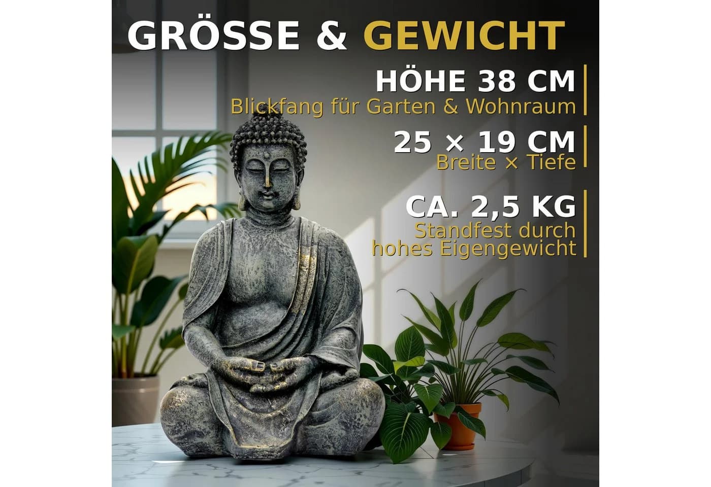 INtrenDU Gartenfigur Buddha Sitzend Grau/Gold Polyresin - Bild 3
