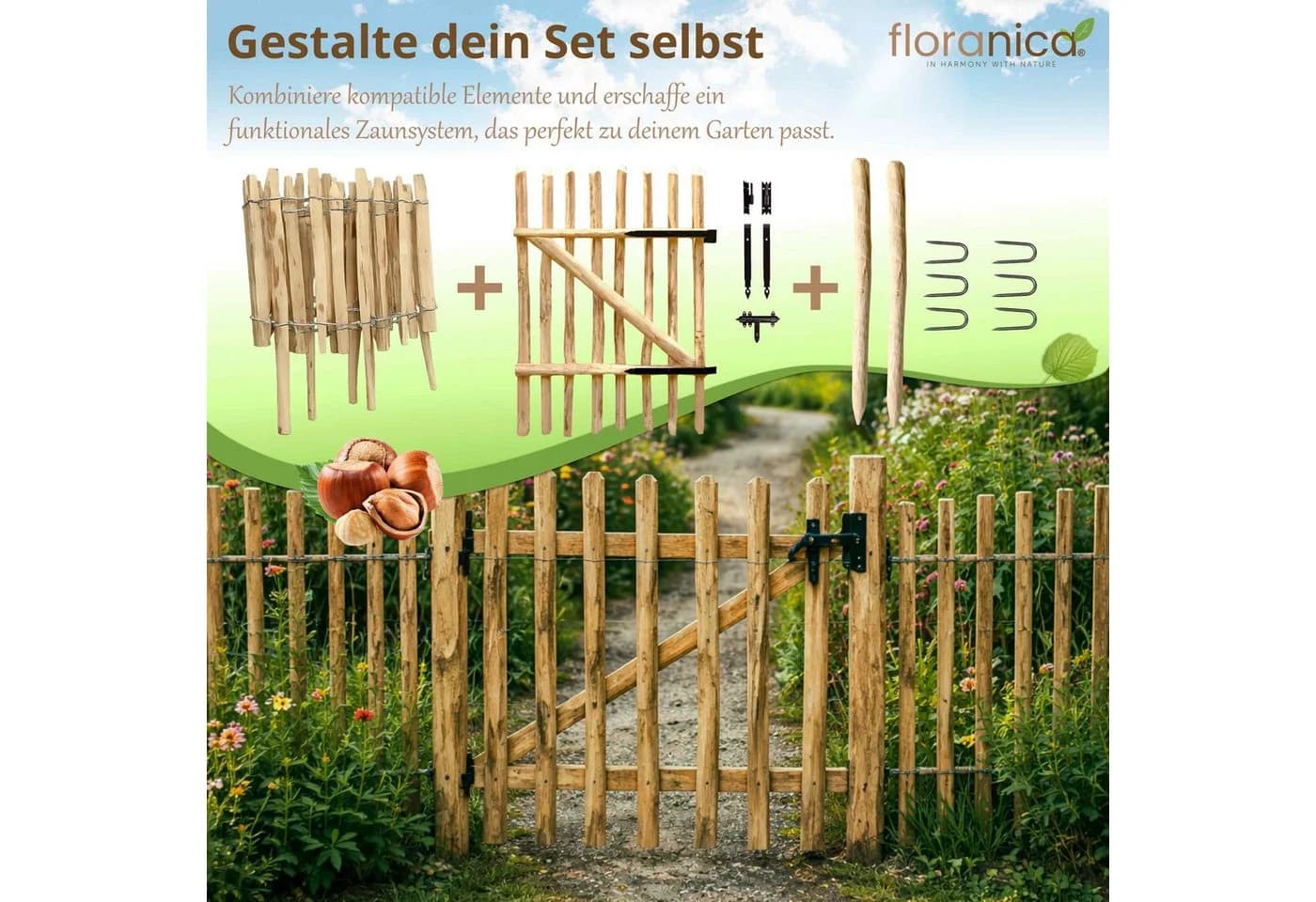 Floranica Staketenzaun Haselnuss Holz - Bild 3
