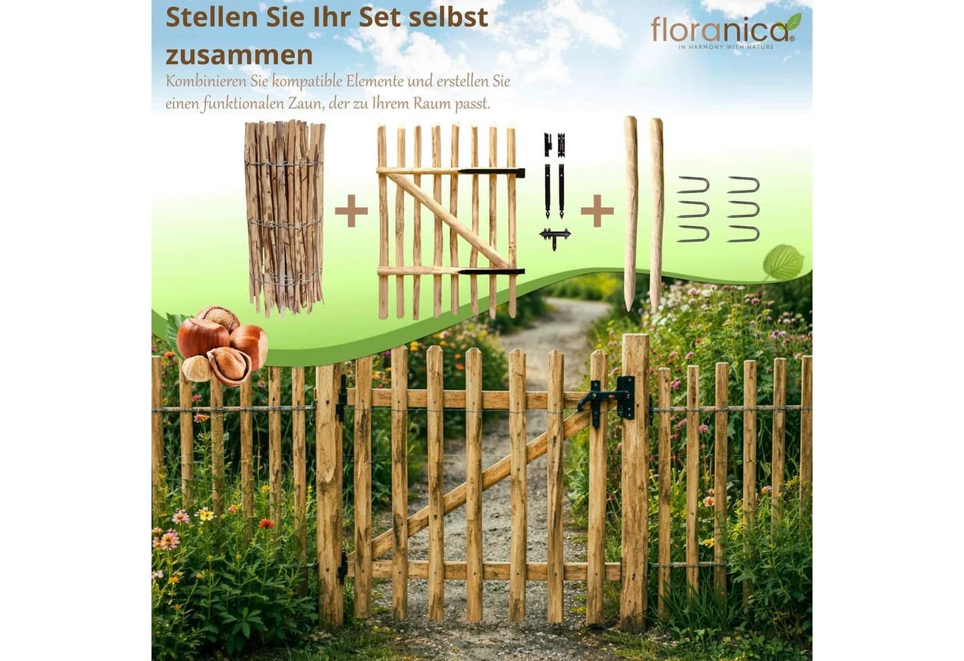 Floranica Gartentor aus Haselnussholz, 100x50 cm, fertig montiert - Bild 4