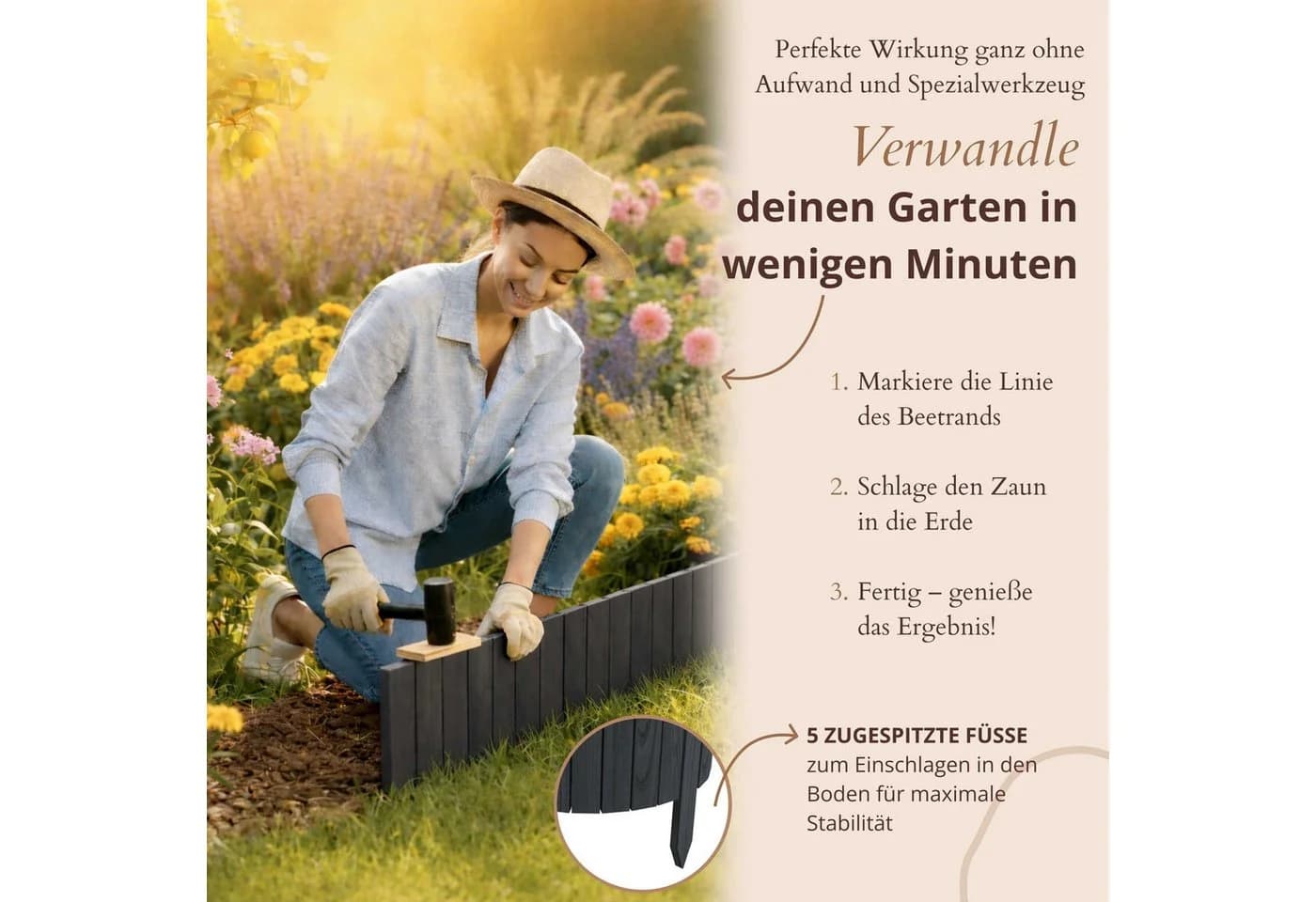 Floranica Beeteinfassung Anthrazit Flexibler Rollborder Kiefernholz - Bild 5